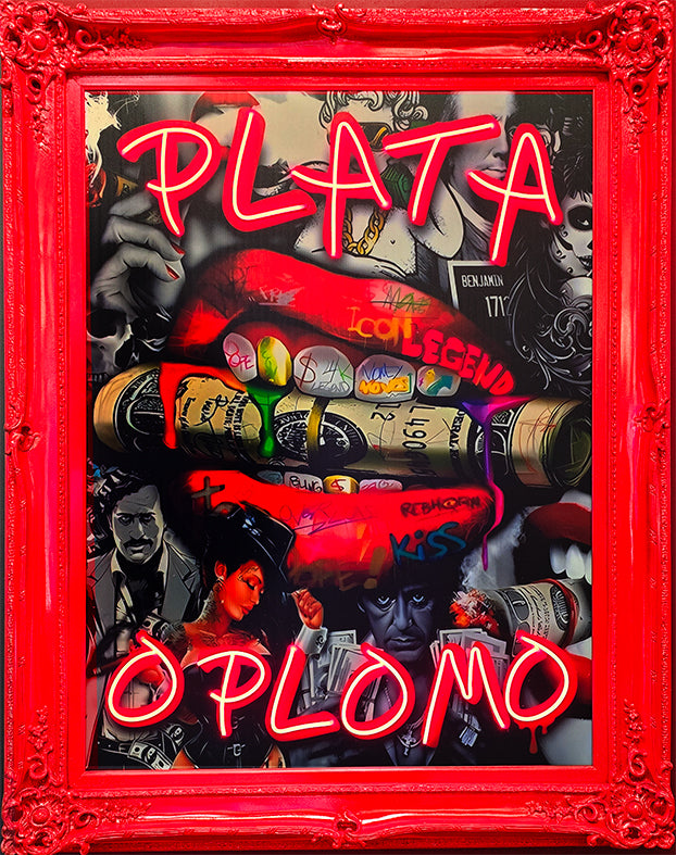 Plata o Plomo – 58" x 46" Framed Neon Artwork